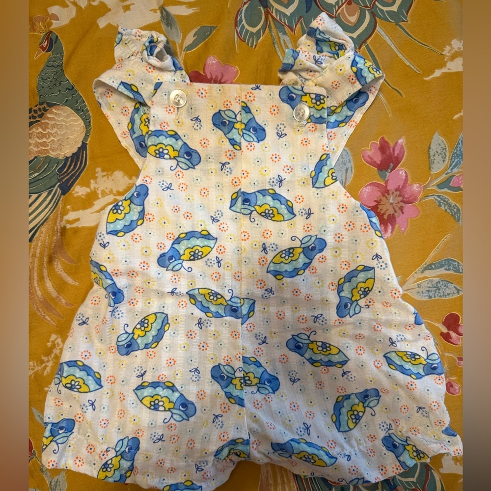 Vintage Baby Romper with Blue and Yellow turtle Print